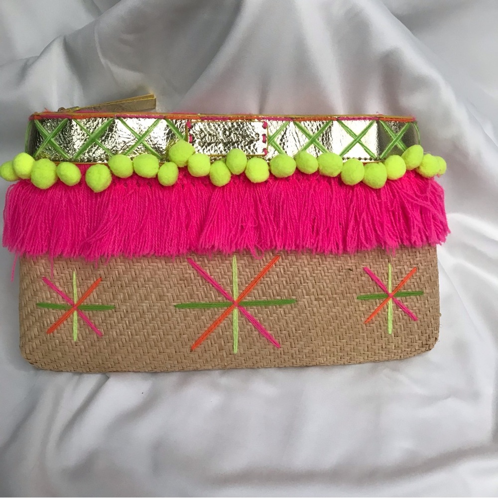 LILLY PULITZER Woven Straw Clutch with Neon Fringe Detail